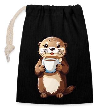 Otter Kaffeezeit Tierfreund Kaffee Design - Verschließbarer Geschenkbeutel aus Baumwolle (14x20cm) - Schwarz - Vorne