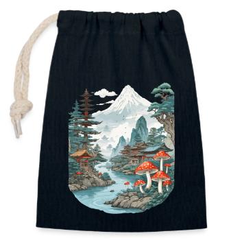 Vintage Mushroom Landscape Japan Aesthetic Design - Closable cotton gift bag (14x20cm) - navy - Front