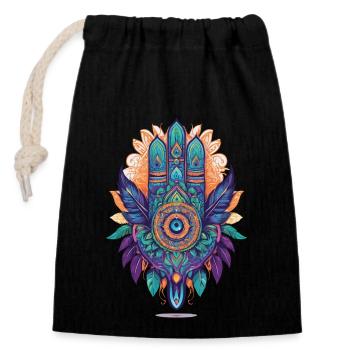 Hamsa Hand Spirituelles Mandala Federn Design - Verschließbarer Geschenkbeutel aus Baumwolle (14x20cm) - Schwarz - Vorne