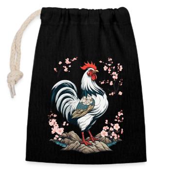 Japanese Rooster Cherry Blossoms Aesthetic Design - Closable cotton gift bag (14x20cm) - black - Front