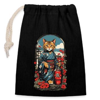 Chat saké japonais Vintage Art - Sac cadeau en coton avec cordon (14 x 20 cm) - noir - Devant