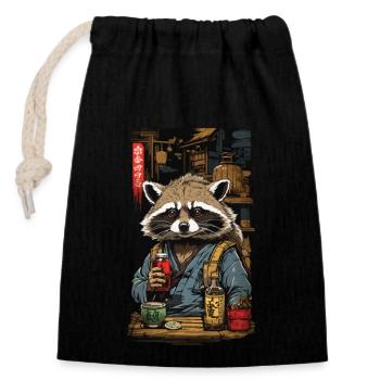 Raton laveur saké japonais et Art Vintage - Sac cadeau en coton avec cordon (14 x 20 cm) - noir - Devant