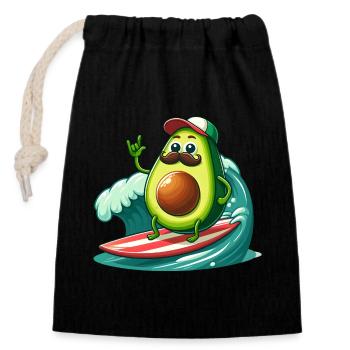 Surfing avocado with mustache - Closable cotton gift bag (14x20cm) - black - Front