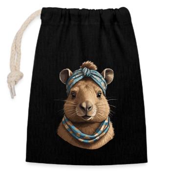 Funny Capymama Capybara Mom - Closable cotton gift bag (14x20cm) - black - Front