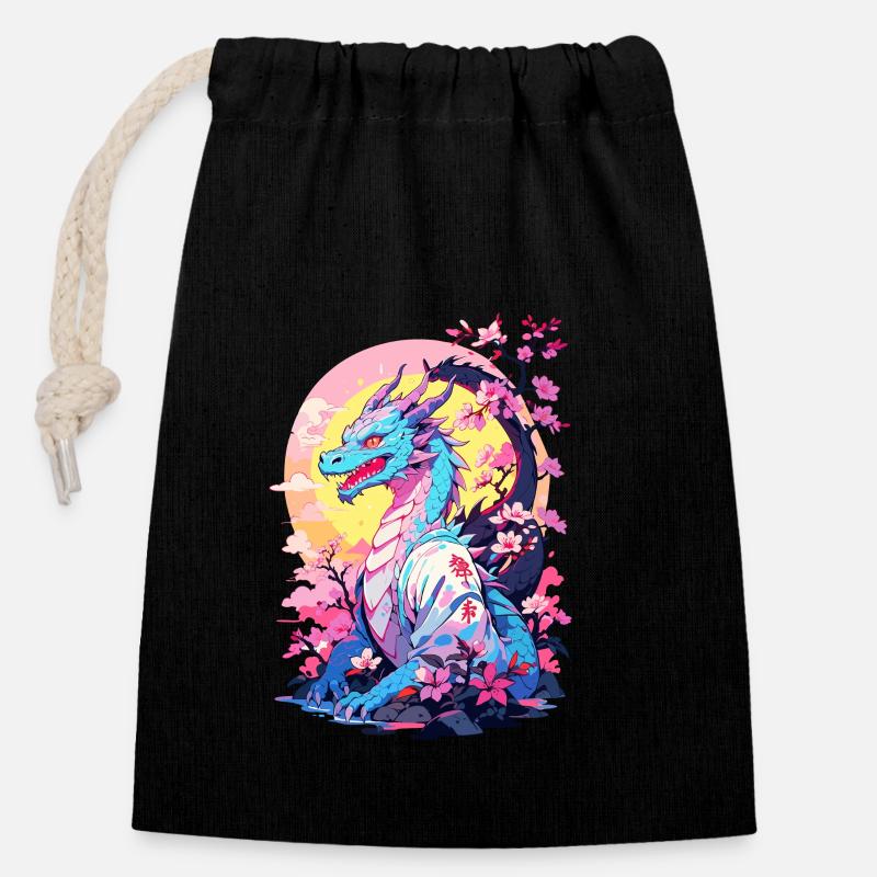 Vintage Vaporwave Stil Japanischer Drache Design - Verschließbarer Geschenkbeutel aus Baumwolle (14x20cm) - Schwarz