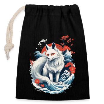 Weißer Ukiyo-E Fuchs Japanische Kitsune Maske - Verschließbarer Geschenkbeutel aus Baumwolle (14x20cm) - Schwarz - Vorne