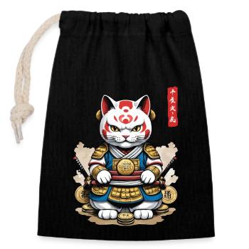 Samurai Katze in Ästhetischem Japan Style - Verschließbarer Geschenkbeutel aus Baumwolle (14x20cm) - Schwarz - Vorne