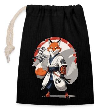 Kitsune Samurai Fox Vintage Ukiyo-e Style - Sac cadeau en coton avec cordon (14 x 20 cm) - noir - Devant