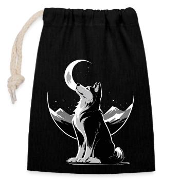 Loup au clair de lune - Sac cadeau en coton avec cordon (14 x 20 cm) - noir - Devant