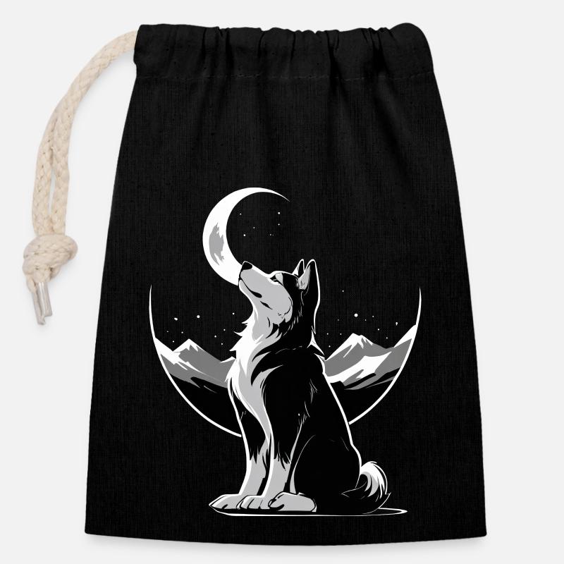 Wolf in the moonlight - Closable cotton gift bag (14x20cm) - black