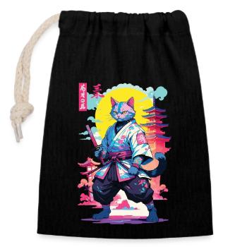 Conception esthétique Samurai Cat Vaporwave - Sac cadeau en coton avec cordon (14 x 20 cm) - noir - Devant