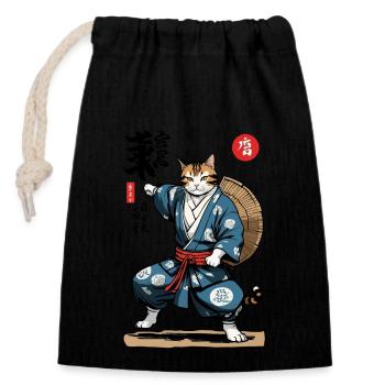 Samurai Katze Vintage Ukiyo-E Asiatischer Stil - Verschließbarer Geschenkbeutel aus Baumwolle (14x20cm) - Schwarz - Vorne