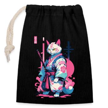 Chat samouraï Vaporwave Esthétique Japon Art - Sac cadeau en coton avec cordon (14 x 20 cm) - noir - Devant