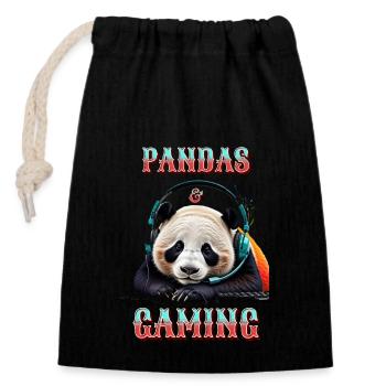 Pandas und Gaming - Verschließbarer Geschenkbeutel aus Baumwolle (14x20cm) - Schwarz - Vorne