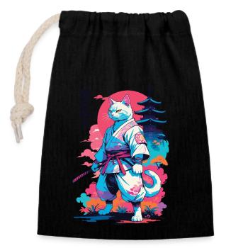 Chat samouraï Vaporwave Esthétique Japon Art - Sac cadeau en coton avec cordon (14 x 20 cm) - noir - Devant