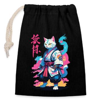 Chat samouraï Vaporwave Esthétique Japon Art - Sac cadeau en coton avec cordon (14 x 20 cm) - noir - Devant