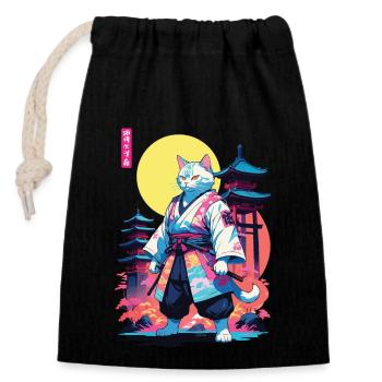 Conception esthétique Samurai Cat Vaporwave - Sac cadeau en coton avec cordon (14 x 20 cm) - noir - Devant