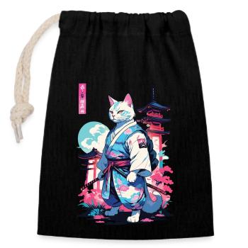 Samurai Katze Vaporwave Aesthetic Japan Style - Verschließbarer Geschenkbeutel aus Baumwolle (14x20cm) - Schwarz - Vorne