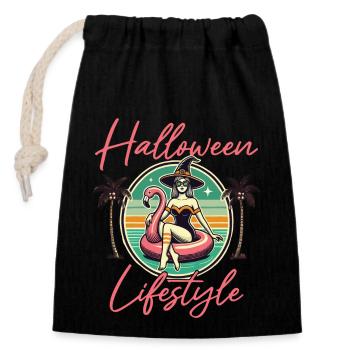 Halloween Lifestyle Beach Witch Flamingo - Closable cotton gift bag (14x20cm) - black - Front