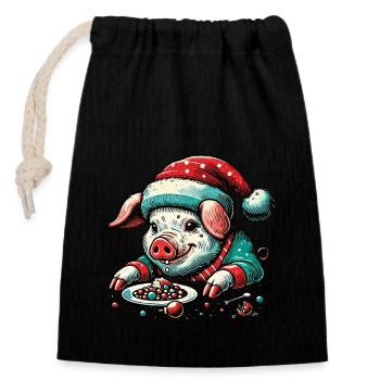 Cochon de Noël gourmand - Sac cadeau en coton avec cordon (14 x 20 cm) - noir - Devant