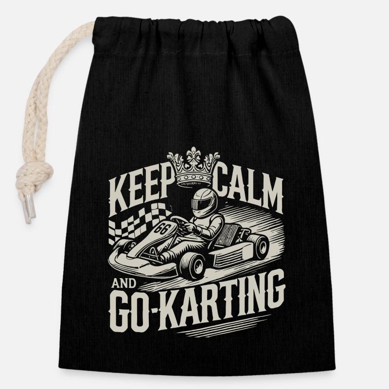 Restez calme et faites du karting - Sac cadeau en coton avec cordon (14 x 20 cm) - noir
