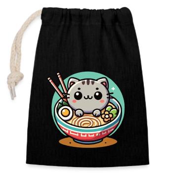 Kawaii Katze Ramen Nudeln Japanische Streetwear - Verschließbarer Geschenkbeutel aus Baumwolle (14x20cm) - Schwarz - Vorne