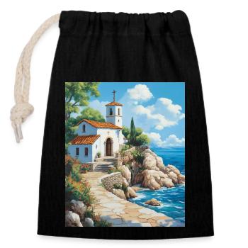Christian Church by the Sea in Greece - Closable cotton gift bag (14x20cm) - black - Front