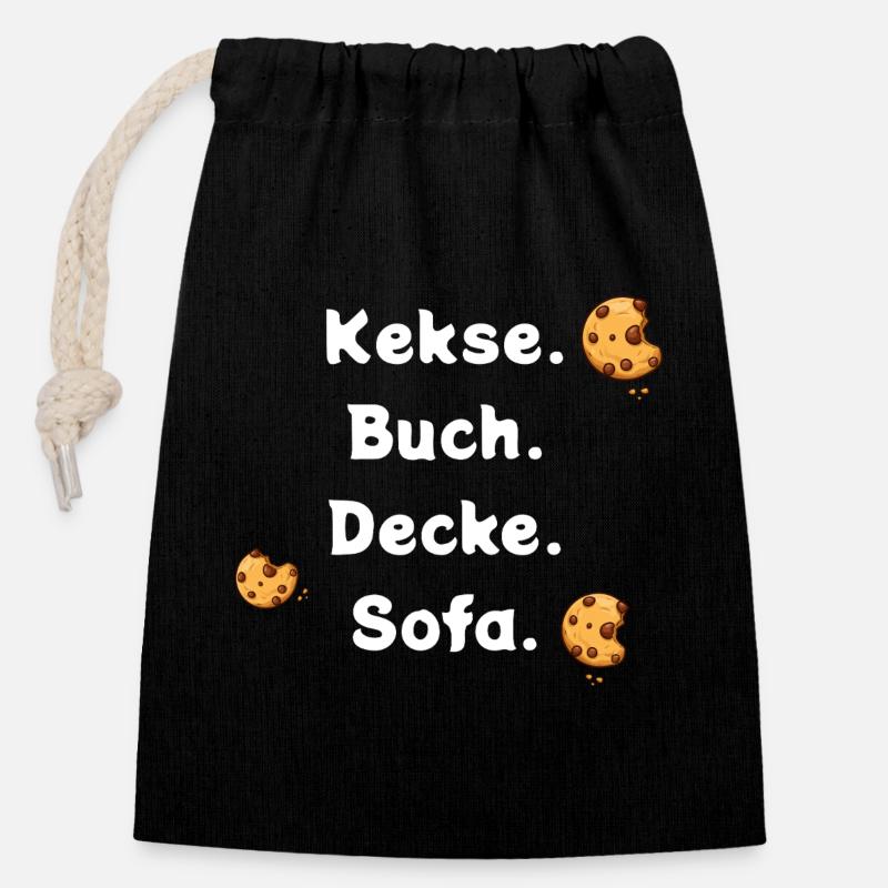 Biscuits. Book. Ceiling. Sofa. - Closable cotton gift bag (14x20cm) - black