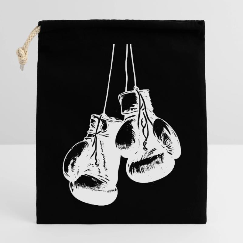 Conception de gants de boxe blancs suspendus. Conception de logo Sac cadeau en coton avec cordon (14 x 20 cm)