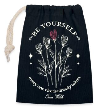 Design de citation d’Oscar Wilde en blanc cassé - Sac cadeau en coton avec cordon (14 x 20 cm) - bleu marine - Devant