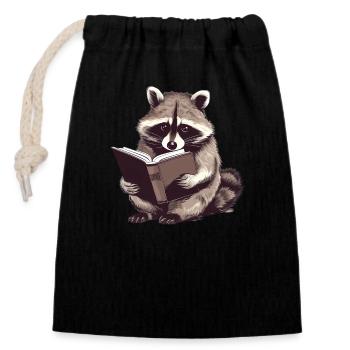 Reading raccoon with book - Closable cotton gift bag (14x20cm) - black - Front