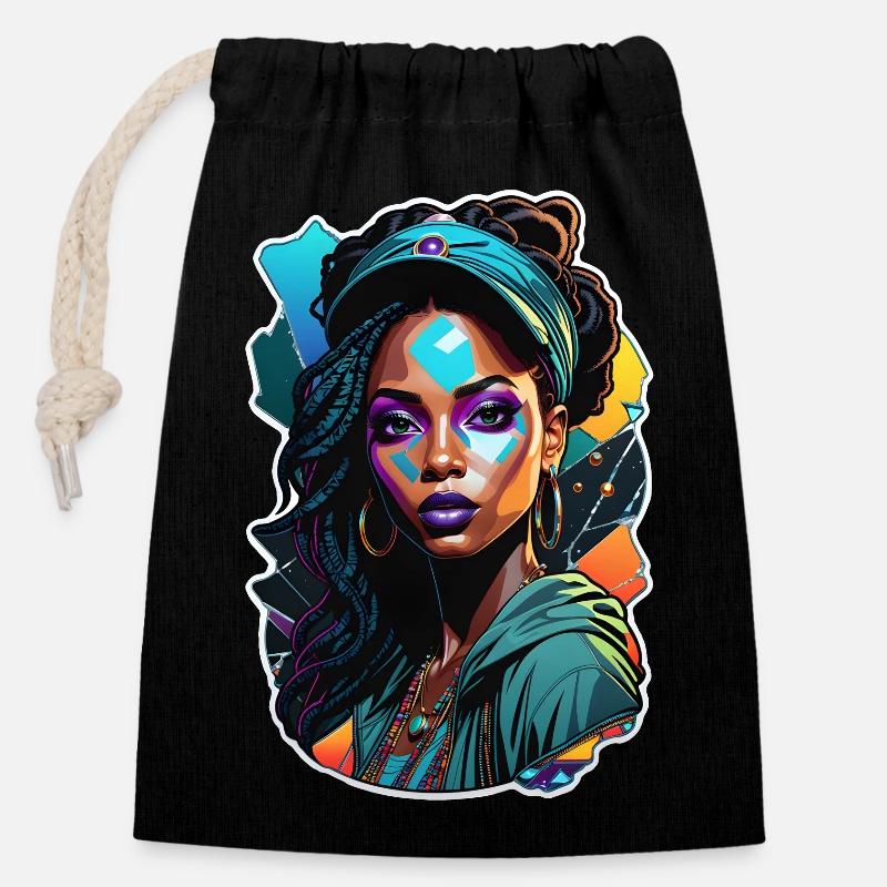 femme afro - beauté - Sac cadeau en coton avec cordon (14 x 20 cm) - noir