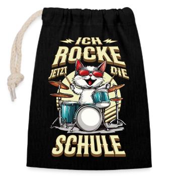 Schulkind Einschulung Katze Schlagzeug Rock Musik - Verschließbarer Geschenkbeutel aus Baumwolle (14x20cm) - Schwarz - Vorne