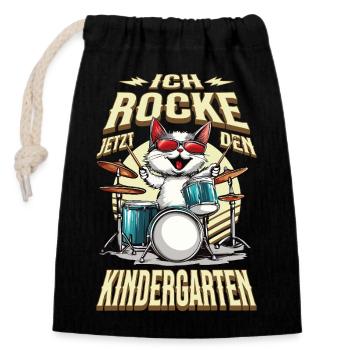 Kindergarten Kita Katze Schlagzeug Rock Musik - Verschließbarer Geschenkbeutel aus Baumwolle (14x20cm) - Schwarz - Vorne