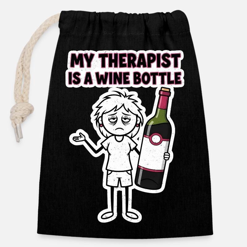 My therapist is a wine bottle - Closable cotton gift bag (14x20cm) - black