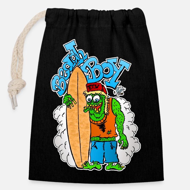 Beach Boy Surfer Monster - Verschließbarer Geschenkbeutel aus Baumwolle (14x20cm) - Schwarz