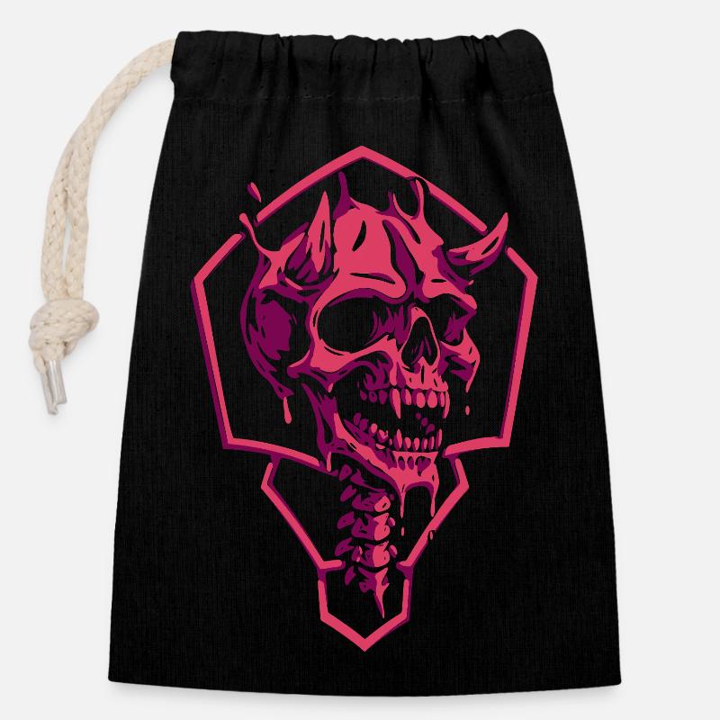 Crâne rose géométrique - Sac cadeau en coton avec cordon (14 x 20 cm) - noir
