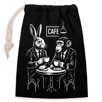 Café-Kaninchen und Affenporträt - Verschließbarer Geschenkbeutel aus Baumwolle (14x20cm) - Schwarz - Vorne