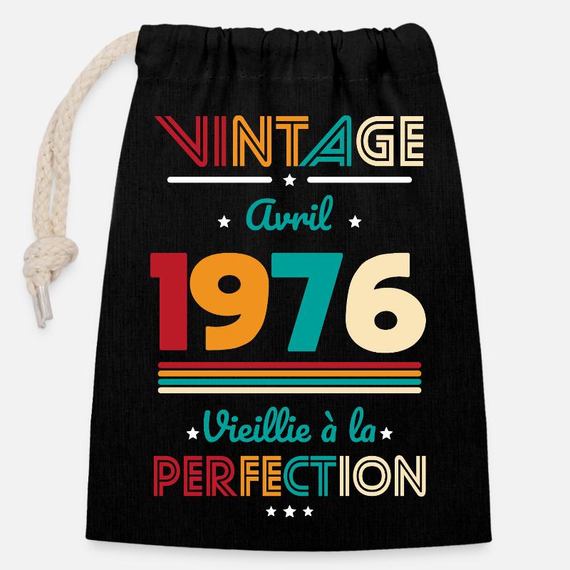 Anniversaire 50 ans - Vintage - Avril 1976 - Sac cadeau en coton avec cordon (14 x 20 cm) - noir