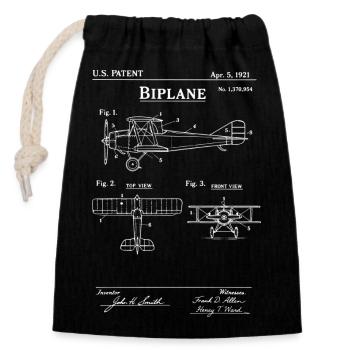Biplane Blueprint Sketch - Closable cotton gift bag (14x20cm) - black - Front