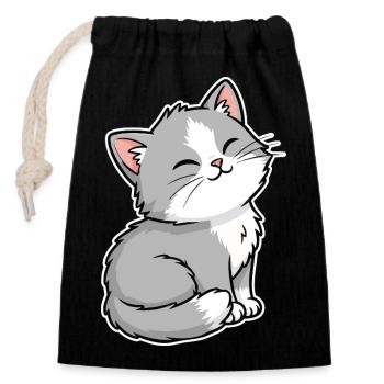 Chaton Gris et Blanc Heureux Portrait Kawaii - Sac cadeau en coton avec cordon (14 x 20 cm) - noir - Devant