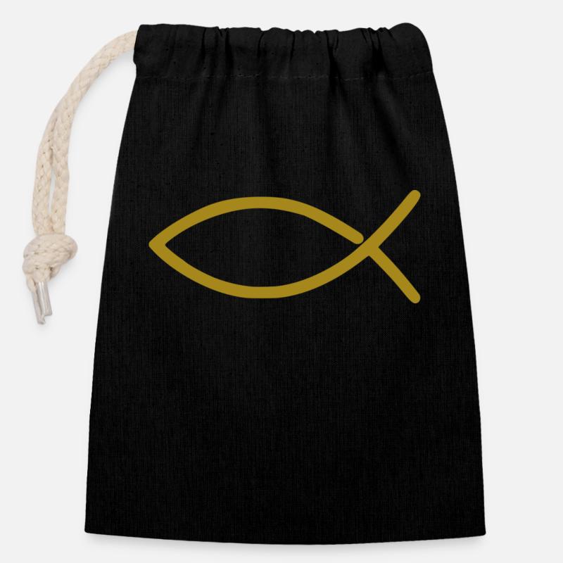 Fish Christian Gold - Closable cotton gift bag (14x20cm) - black
