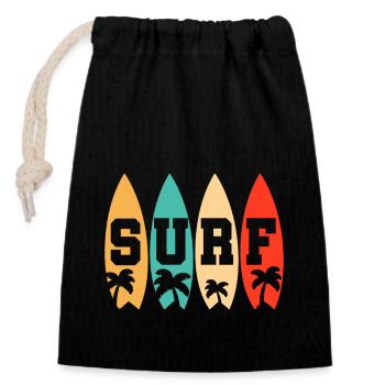 Retro Surfbrett Palmen Sonne Strand Geschenk - Verschließbarer Geschenkbeutel aus Baumwolle (14x20cm) - Schwarz - Vorne