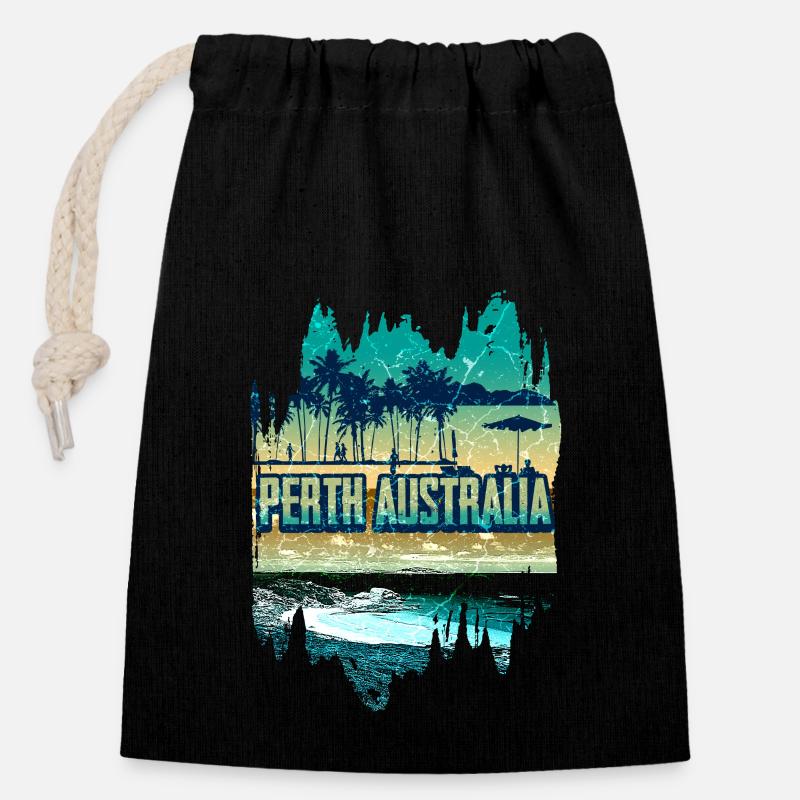 Perth Australie Vacances rétro - Sac cadeau en coton avec cordon (14 x 20 cm) - noir
