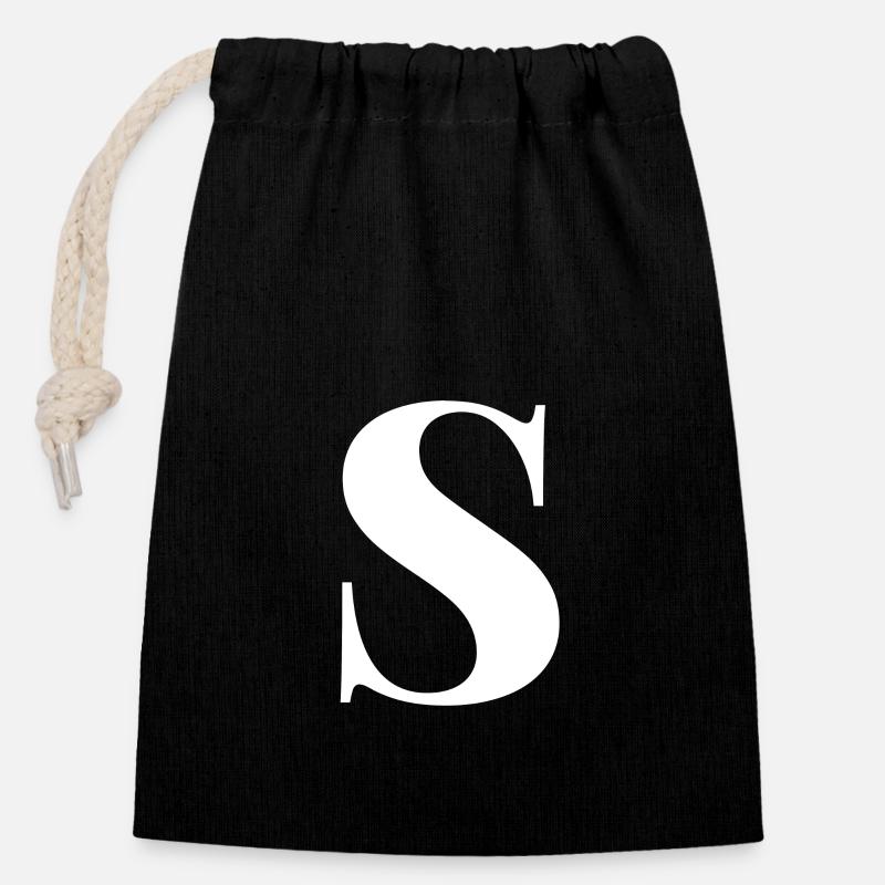 Lettre S - Sac cadeau en coton avec cordon (14 x 20 cm) - noir