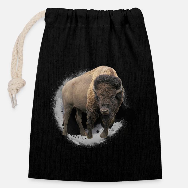 Bison Büffel Rind Design Illustration Geschenk - Verschließbarer Geschenkbeutel aus Baumwolle (14x20cm) - Schwarz