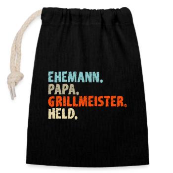 EHEMANN PAPA GRILLMEISTER HELD - Papa Geschenkidee - Verschließbarer Geschenkbeutel aus Baumwolle (14x20cm) - Schwarz - Vorne