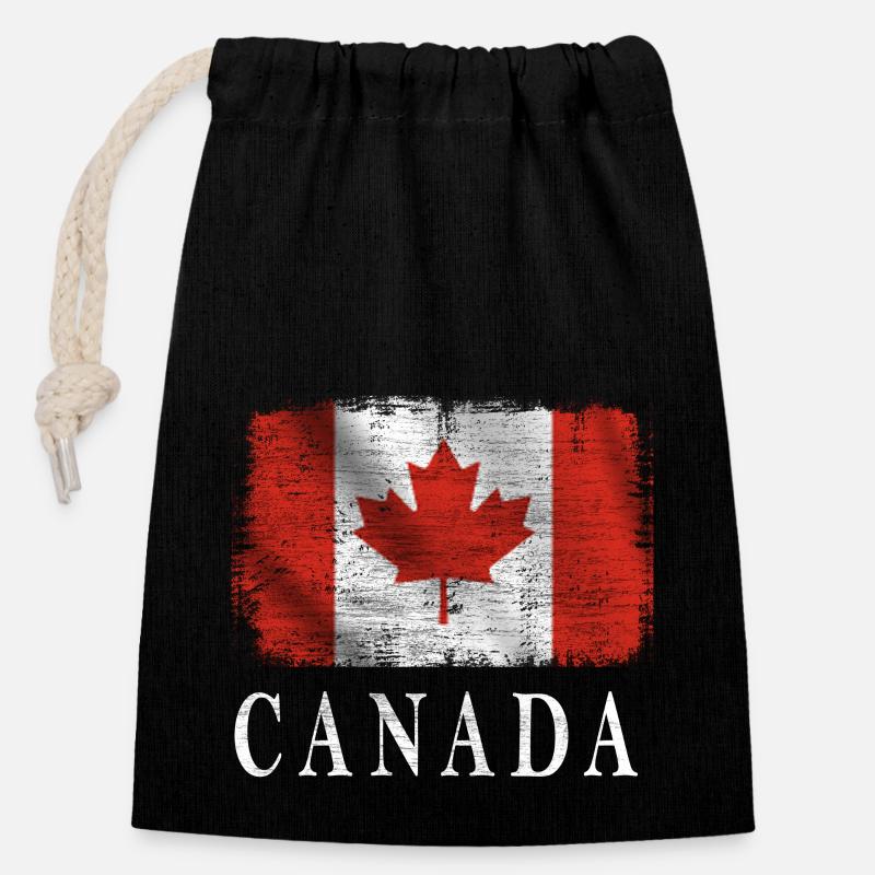 Canada, drapeau du Canada - Sac cadeau en coton avec cordon (14 x 20 cm) - noir