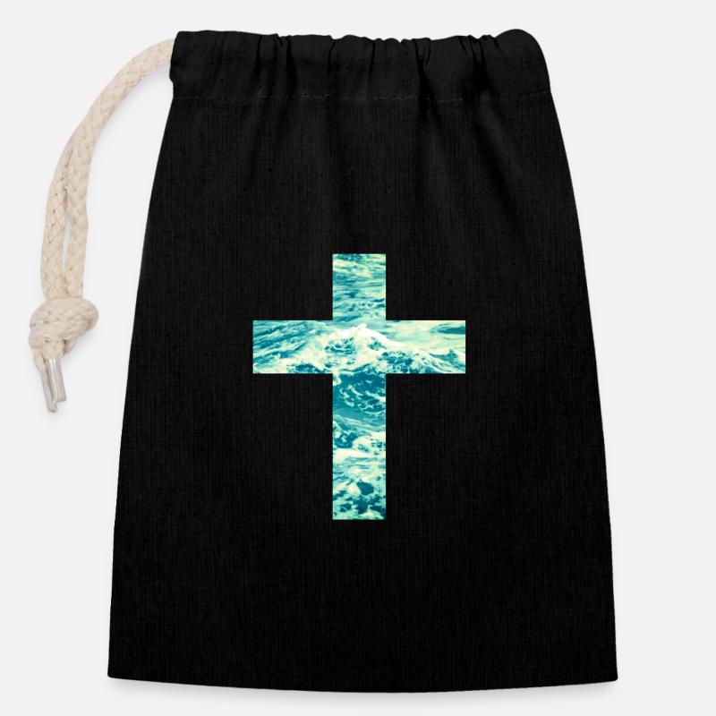 Croix chrétienne d’eau vive - Sac cadeau en coton avec cordon (14 x 20 cm) - noir