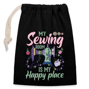 My sewing room is my happiest place - Closable cotton gift bag (14x20cm) - black - Front